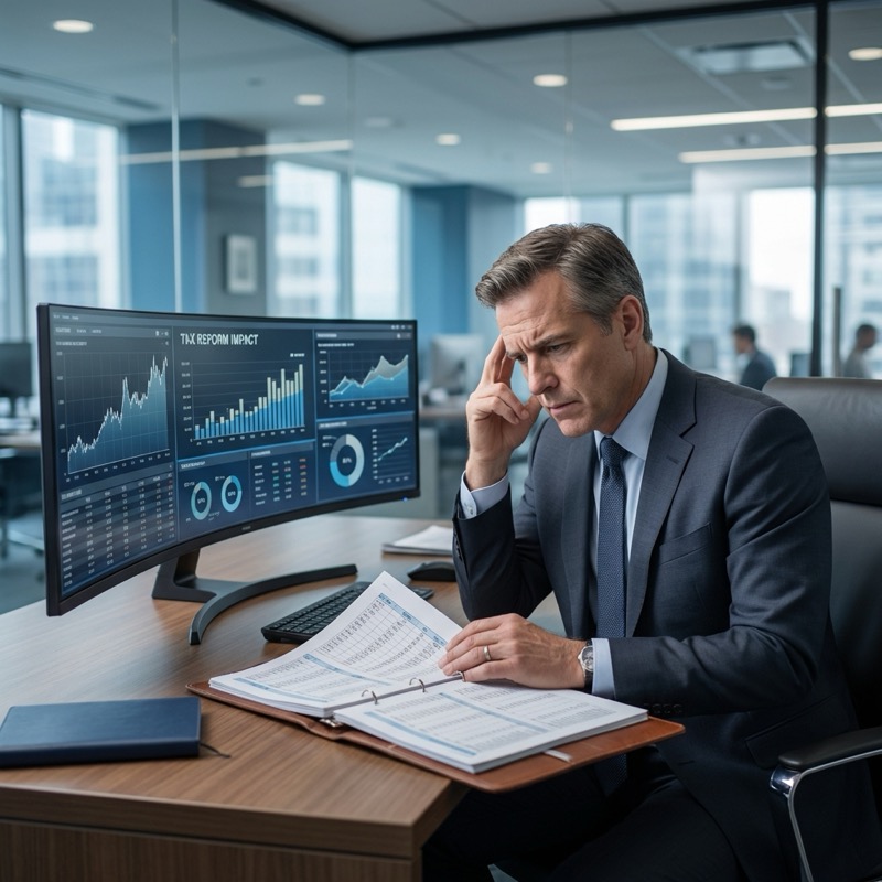 CFO analisa relatórios financeiros com preocupação sobre impactos tributários