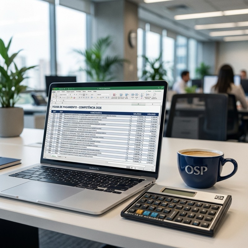 CFO revisando folha de pagamento e indicadores FAP/RAT em um ambiente corporativo moderno