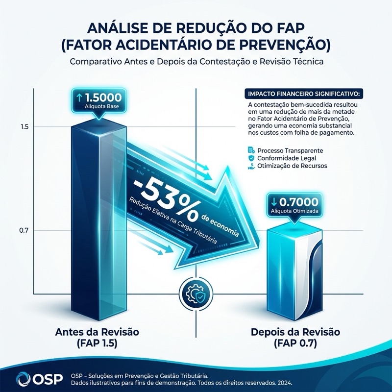 Gráfico de análise de redução de custos após revisão do FAP mostrando economia de 53%