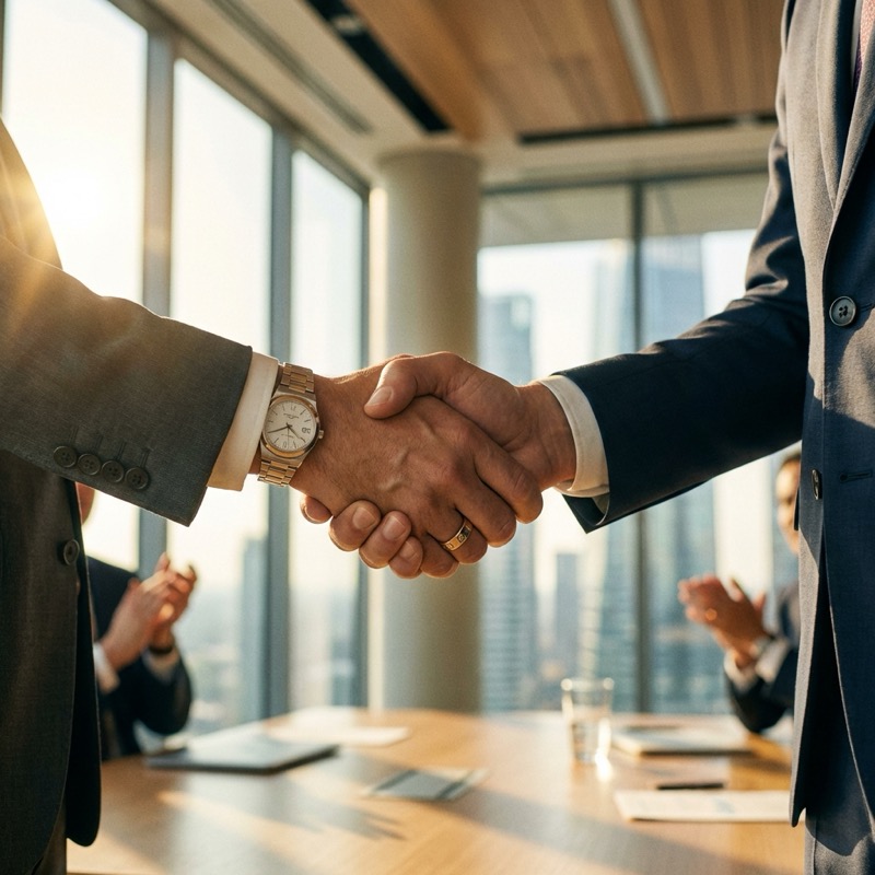 Mãos de empresários apertando as mãos com consultores da OSP, simbolizando parceria estratégica